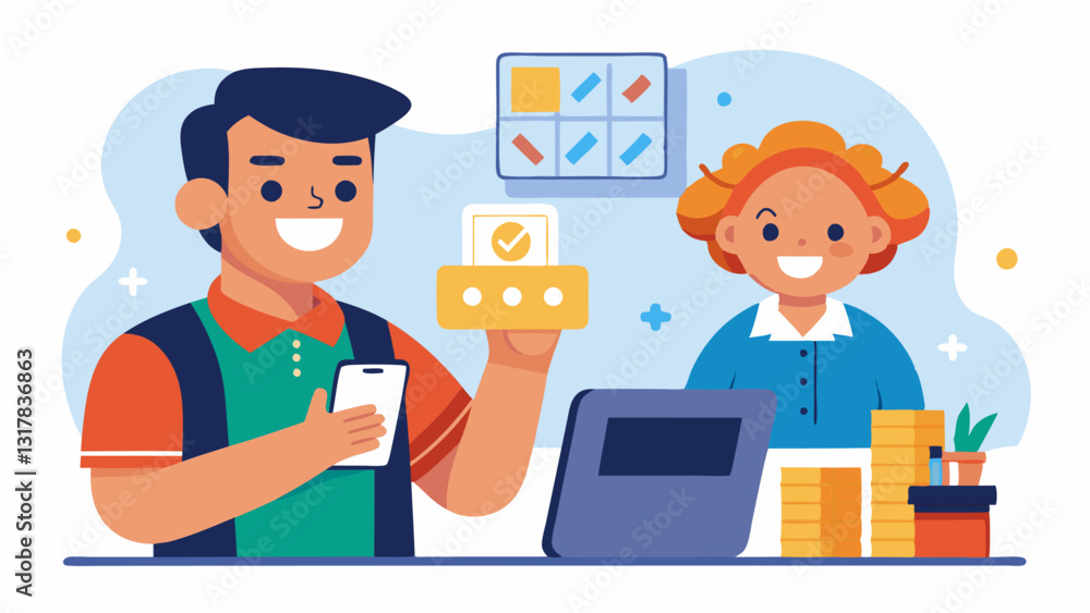 Happy Cashiers A cashier with a big smile scanning a QR code on a customers phone with dollar signs popping up around them symbolizing immediate transaction completion and customer Happy Cashiers A cashier with a big smile scanning a QR code on a customers phone with dollar signs popping up around them symbolizing immediate transaction completion and customer