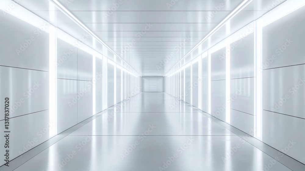 Futuristic White Corridor with Bright LED Lighting and Reflective Floor: A Sterile Modern Architecture Design Futuristic White Corridor with Bright LED Lighting and Reflective Floor: A Sterile Modern Architecture Design