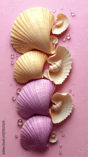 Vibrant Seashell Vector Art on Pastel Pink Background with Water Droplets - Nautical Summer Decor, Coastal Home Inspiration, Shell Collection Design