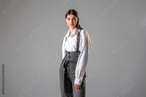 Fashion model in stylish gray outfit with suspenders poses against a neutral background during a studio photoshoot