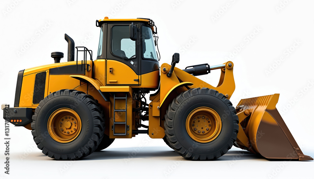 Side view of yellow wheel loader isolated on white background. Heavy construction equipment, industrial machine for building, dig, road work, shoveling. Powerful vehicle, earthmoving machine for Side view of yellow wheel loader isolated on white background. Heavy construction equipment, industrial machine for building, dig, road work, shoveling. Powerful vehicle, earthmoving machine for