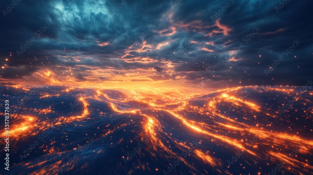 Fototapeta premium A digital rendering of a fiery landscape at sunset.