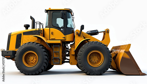 Side view of yellow wheel loader isolated on white background. Heavy construction equipment, industrial machine for building, dig, road work, shoveling. Powerful vehicle, earthmoving machine for