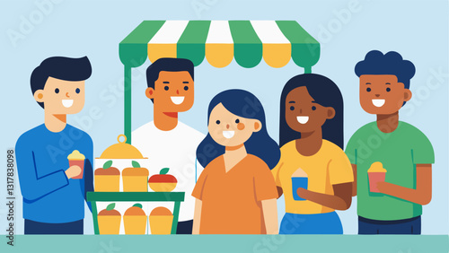 Happy Customers A group of satisfied customers enjoying products from a market stall illustrating community benefits derived from local businesses started with microloans.