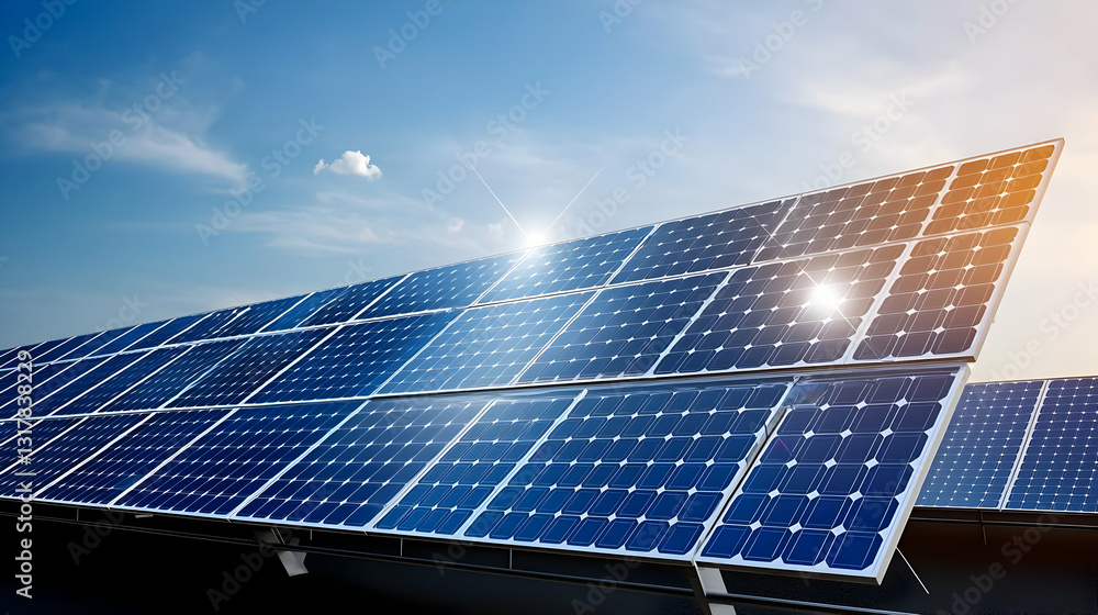 Solar Panels Array in a Field Under a Bright Blue Sky with Scattered Clouds During Sunset Solar Panels Array in a Field Under a Bright Blue Sky with Scattered Clouds During Sunset