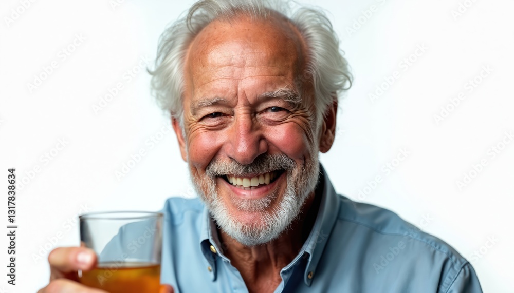 Happy elderly man enjoys refreshing cold drink. Smiling senior male with glasses holds beverage. Grandpa relaxes with cocktail, celebrates retirement. Positive emotions, leisure, summertime. Healthy Happy elderly man enjoys refreshing cold drink. Smiling senior male with glasses holds beverage. Grandpa relaxes with cocktail, celebrates retirement. Positive emotions, leisure, summertime. Healthy