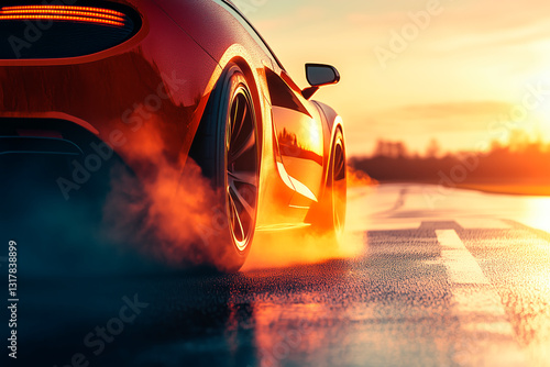  Dynamic supercar burnout at sunset, showcasing power and speed. Ideal for automotive and high-performance themes.