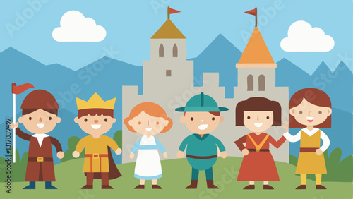 History in Action Children dressed as historical figures reenacting a fun scene from history with a backdrop of castles and ancient monuments bringing history to life.