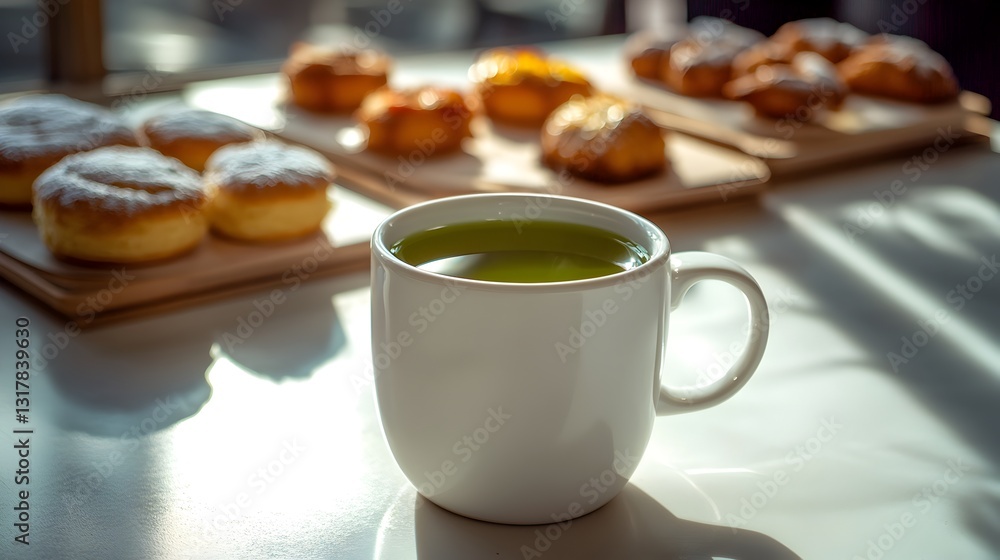Aesthetic presentation of a cup of green tea alongside colorful pastries on a white background in a cozy setting Aesthetic presentation of a cup of green tea alongside colorful pastries on a white background in a cozy setting
