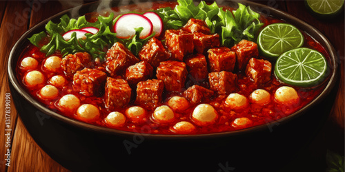 Delicious Pozole Plate with Red Broth, Pork, Hominy, Fresh Radishes, Lettuce, and Lime Slices - Authentic Mexican Cuisine Vector Illustration