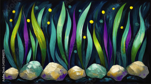 Vibrant Abstract Seaweed and Ocean Rocks Vector Art: Underwater Scene with Colorful Swirls and Yellow Bubbles - Perfect for Nautical and Nature Inspired Designs