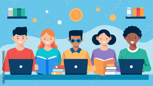 Group Study Session A group of students gathered in a study room sharing information about different cryptocurrencies with laptops and textbooks open in front of them.