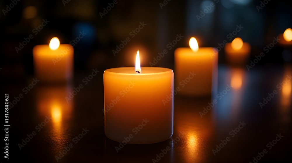 Multiple lit candles creating an enveloping warm glow and peaceful atmosphere in a dark room for a relaxing setting Multiple lit candles creating an enveloping warm glow and peaceful atmosphere in a dark room for a relaxing setting