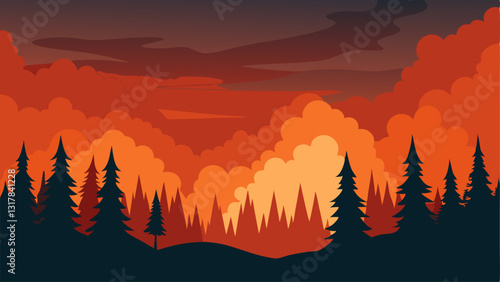 Smoky Forest A forest landscape partially engulfed in fire with smoke rising ing the destruction caused by increasing wildfires.
