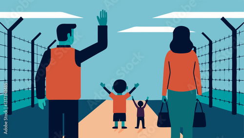Separation A parent waving goodbye to their child at a border checkpoint with guards and barbed wire the emotional impact of forced migration.