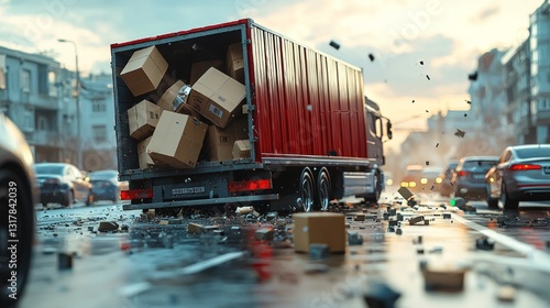 Delivery truck spilling boxes on busy road during a cloudy sunset
