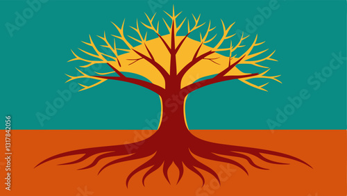 Roots and Growth A tree with strong roots symbolizing past experiences while its branches reach towards the sky showing growth and expansion through forgiving oneself.
