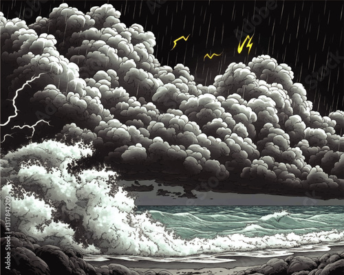 Dramatic Vector Artwork of Raging Ocean Storm with Thunderous Clouds and Lightning Capturing Intense Nature Scene Perfect for Dynamic Weather-Themed Projects
