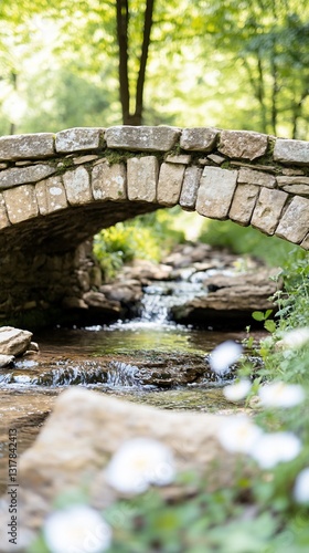 Stone bridge over creek, forest background, nature scene