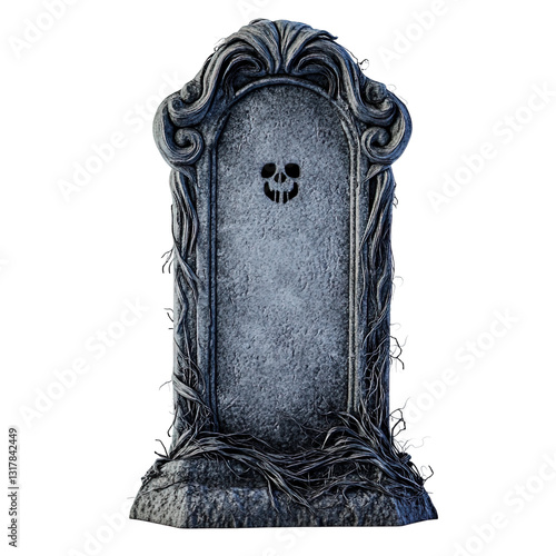Stone tombstone with a skull on top and a skull on the bottom on transparent background