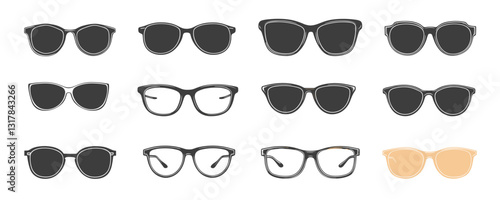 Flat icons set of sunglasses and eyeglasses - vector collection of stylish frames.