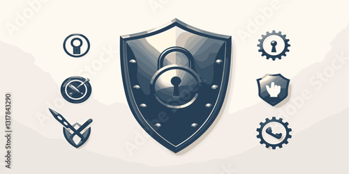 Security and protection icons set in flat vector style featuring digital elements.