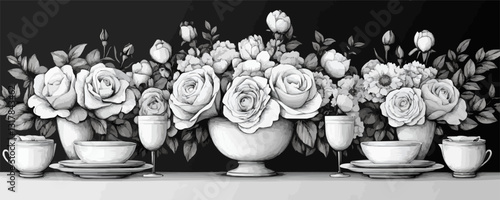 Floral dinnerware vector icons set: elegant black and white linear flower designs.