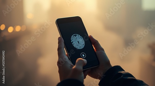 Generative AI.  A person holds a smartphone showing a fingerprint lock screen. 
