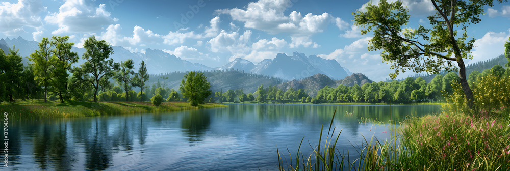 Obraz premium Serene Lake with Lush Greenery and Mountainous Backdrop Under Blue Sky and Fluffy Clouds