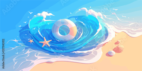 Flat style summer beach elements icons set: waves, lifebuoy, starfish, and seashells vector art.