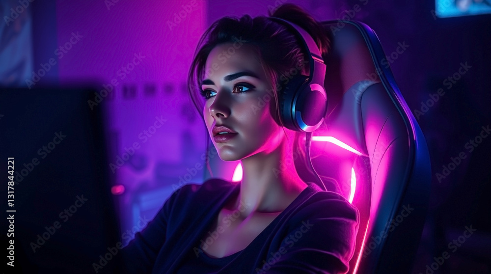 Generative AI. Cyberpunk Esports Gamer Girl Focused in Neon Lights, Competitive Gaming Arena Atmosphere Generative AI. Cyberpunk Esports Gamer Girl Focused in Neon Lights, Competitive Gaming Arena Atmosphere