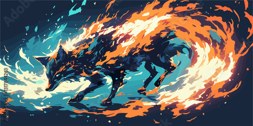 Mystical flaming fox in dynamic motion - flat vector art icons set.
