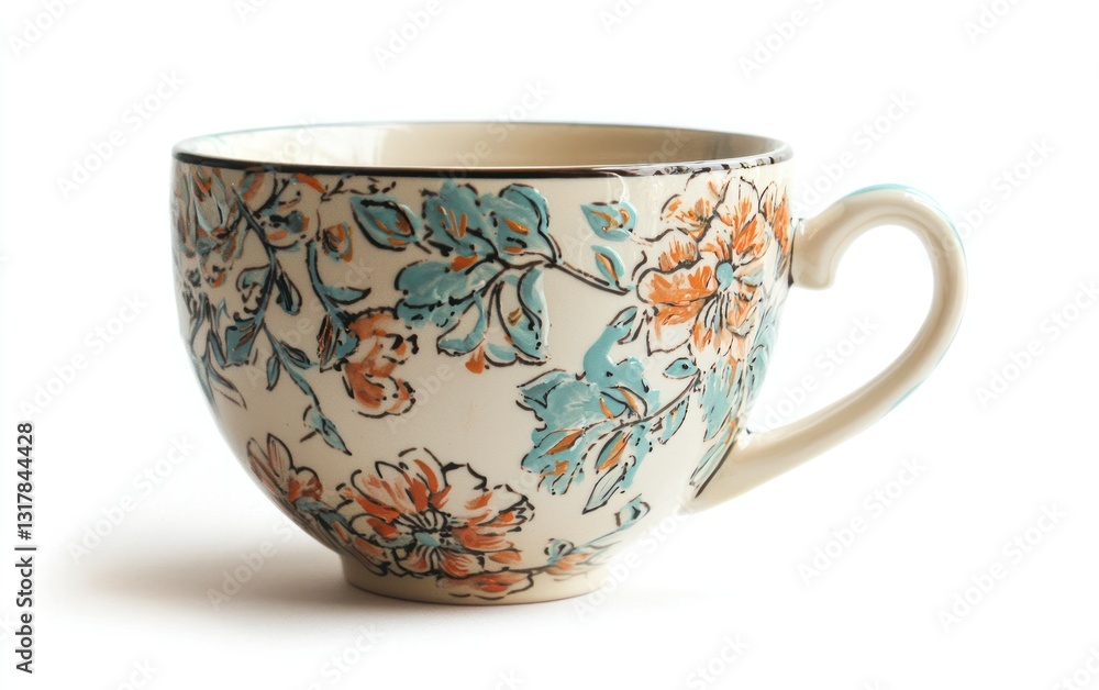Cream Teacup with Teal and Orange Floral Pattern on White Background Cream Teacup with Teal and Orange Floral Pattern on White Background