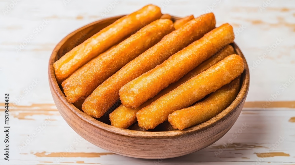 Crispy golden sticks served in a wooden bowl, showcasing delicious snack food from a festive gathering or casual gathering at home Crispy golden sticks served in a wooden bowl, showcasing delicious snack food from a festive gathering or casual gathering at home