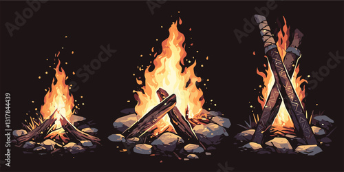 Flat vector icons set of campfires with flames and logs on dark background.