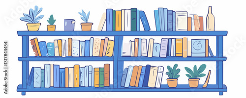 Flat style bookshelf with books and plants icons set - vector illustration.