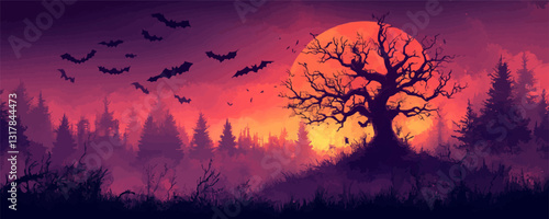 Halloween night vector: flat icons set with spooky bats and haunted tree silhouette.