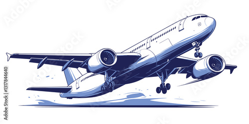 Passenger airplane takeoff illustration with landing gear down, flat style, icons set, vector.