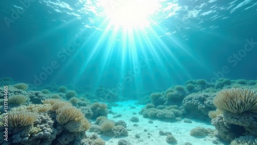 Wallpaper Mural Sunlight streaming through clear ocean water over a coral reef with signs of bleaching	 Torontodigital.ca