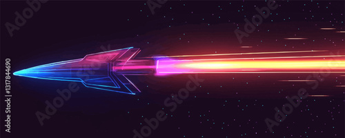Futuristic spaceship icons set in neon style with flat linear vector design.