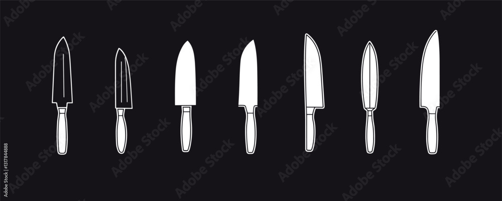 Flat knife icons set - linear vector style of kitchen knives on dark background. Flat knife icons set - linear vector style of kitchen knives on dark background.