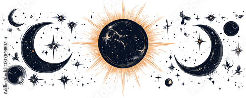 Celestial bodies flat icons set: sun, moon, stars, planet in astral vector design.