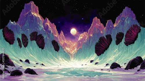 Mystical Celestial Landscape Vector Art: Vibrant Mountain Peaks and Glowing Moonlit Sky with Unique Pink Coral-Like Elements Under Starry Night