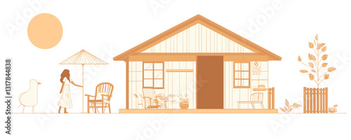 Flat icons set: cozy outdoor living with modern eco home and nature elements in vector style.