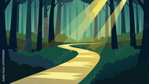 Path through a Forest A winding path through a dense forest with beams of light shining through the trees symbolizing hope and guidance through difficult times.