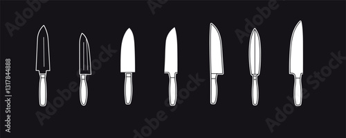 Flat knife icons set - linear vector style of kitchen knives on dark background.