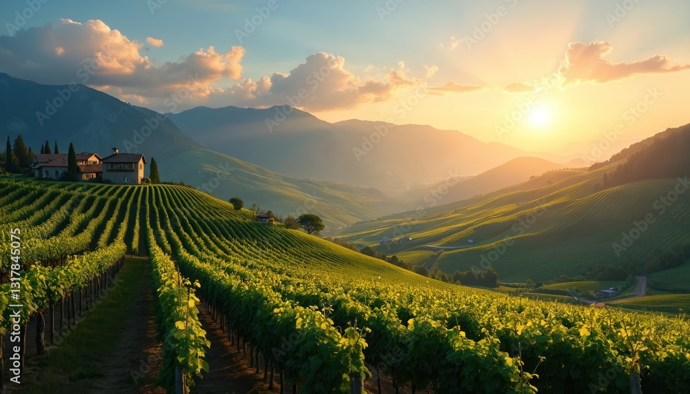 Fototapeta premium Scenic sunset over vineyard in mountain valley. Green hills with grape vines rows. Rural agriculture landscape in golden hour light. Beautiful idyllic scenery of farm, nature, travel destination.