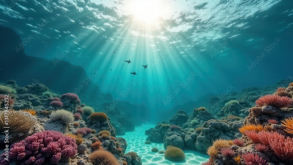 Fototapeta premium Sunlight streaming through clear ocean water over a coral reef with colorful corals 