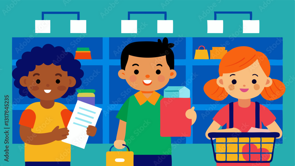 Grocery Store Game A scene showing children shopping in a vibrant grocery store each holding a shopping list. They can be comparing prices on colorful products learning about Grocery Store Game A scene showing children shopping in a vibrant grocery store each holding a shopping list. They can be comparing prices on colorful products learning about