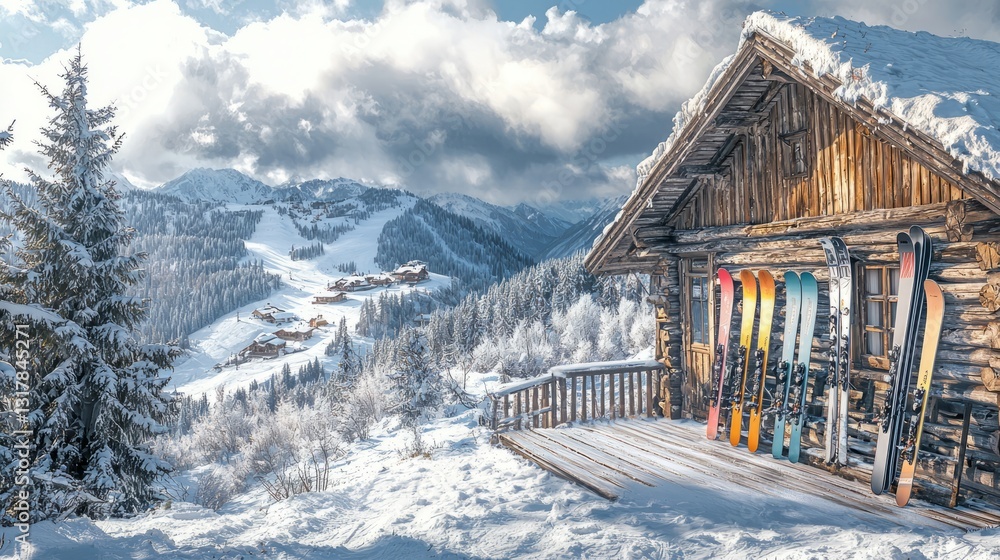 Fototapeta premium Snowy Mountain Cabin with Colorful Skis and Scenic Winter Landscape